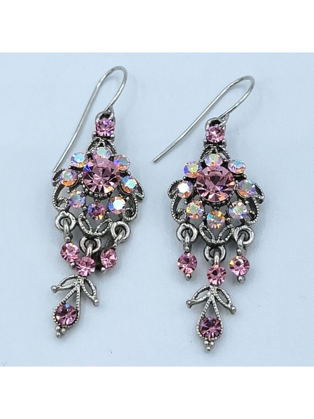 Ornate Silvertone Earrings With Pink Crystals #1811